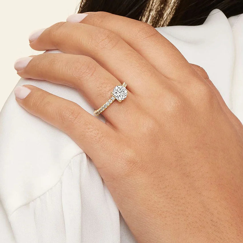 Round Cut Moissanite Pave Engagement Ring 14K Gold Women