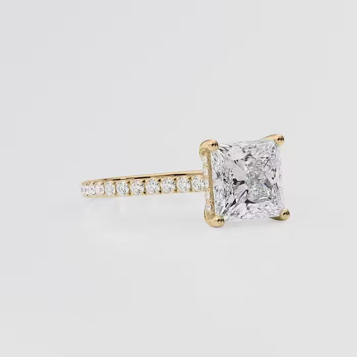 Princess Cut Diamond Cathedral Ring with Hidden Halo Pave Band