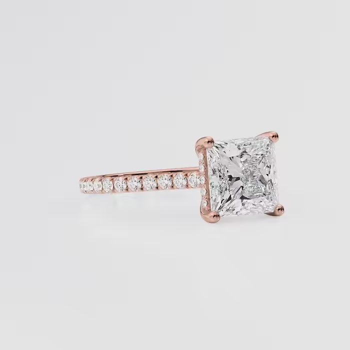 Princess Cut Diamond Cathedral Ring with Hidden Halo Pave Band