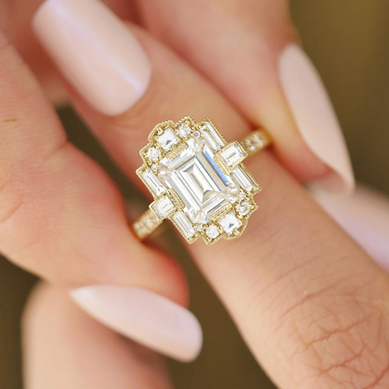 Emerald Shape Moissanite Diamond Mosaic Vintage-Inspired Engagement Ring