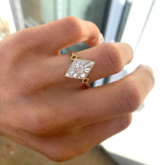 Round Cut Lozenge Shape Moissanite Mosaic Engagement Ring